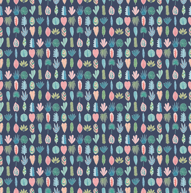 Leaf Boogie Denim Tropical Mix Wallpaper with Bohemian Botanical Leaf Motif - Brewster GHS50102W