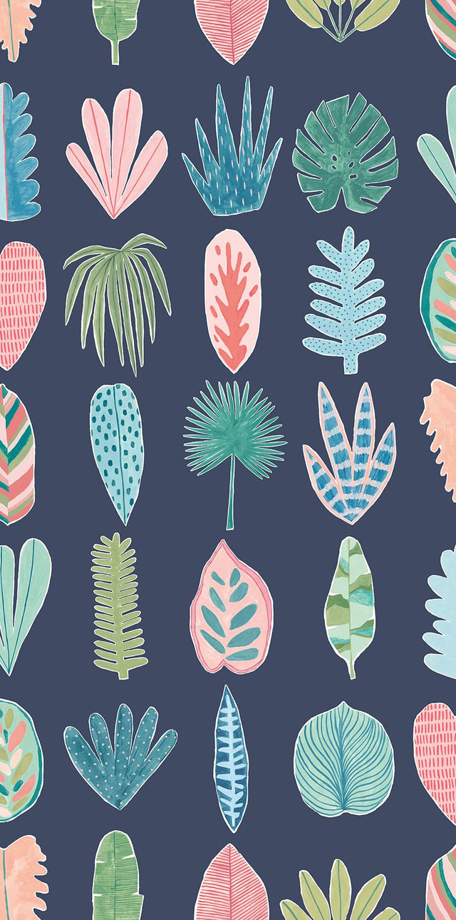 Leaf Boogie Denim Tropical Mix Wallpaper with Bohemian Botanical Leaf Motif - Brewster GHS50102W
