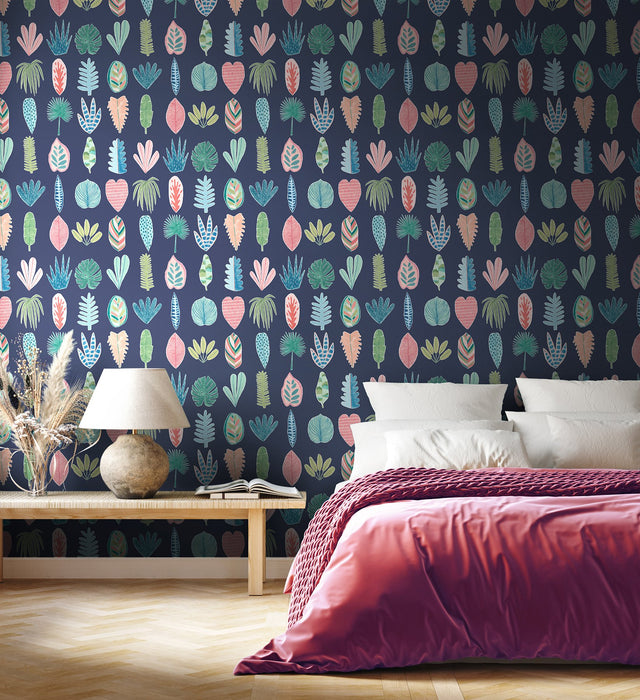 Leaf Boogie Denim Tropical Mix Wallpaper with Bohemian Botanical Leaf Motif - Brewster GHS50102W