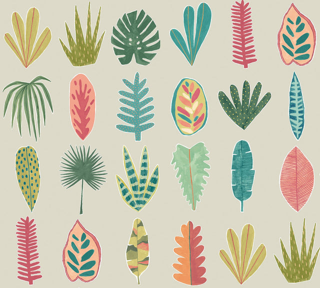 Leaf Boogie Neutral Tropical Mix Wallpaper with Botanical Leaves Motif, Bohemian Style - ohpopsi GHS50108W