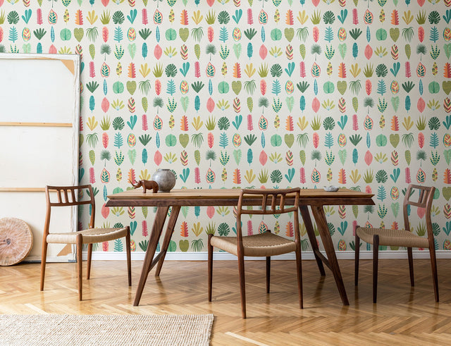 Leaf Boogie Neutral Tropical Mix Wallpaper with Botanical Leaves Motif, Bohemian Style - ohpopsi GHS50108W