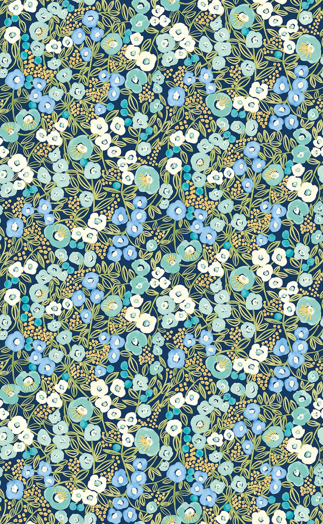 Flora Ditsy Blue Garden Wallpaper with Whimsical Botanical Flower Pattern - Brewster GHS50111W