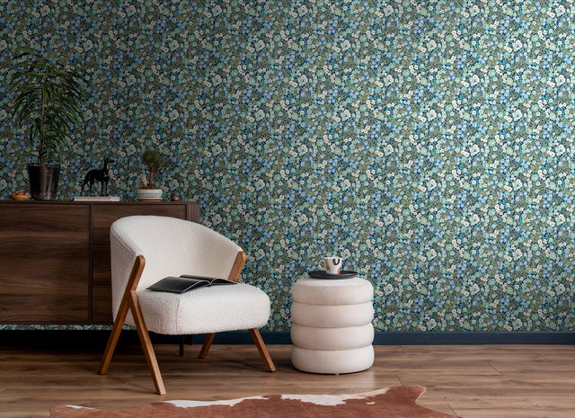Flora Ditsy Blue Garden Wallpaper with Whimsical Botanical Flower Pattern - Brewster GHS50111W