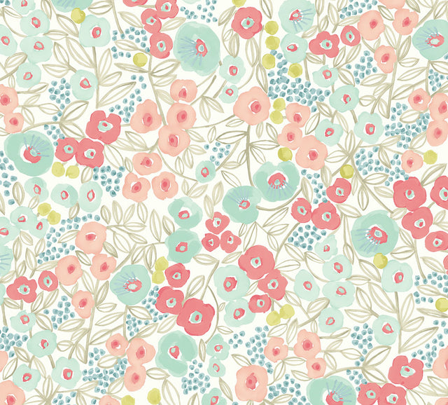 Flora Coral Garden Wallpaper with Whimsical Botanical Flowers Pattern, Paste the Wall Unpasted Non Woven - Ohpopsi GHS50118W