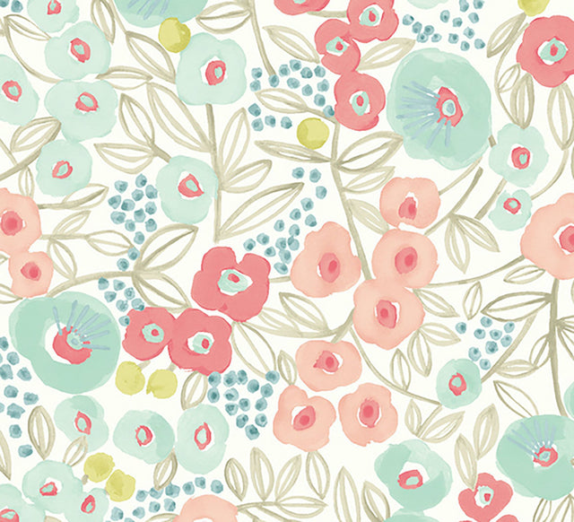 Flora Coral Garden Wallpaper with Whimsical Botanical Flowers Pattern, Paste the Wall Unpasted Non Woven - Ohpopsi GHS50118W