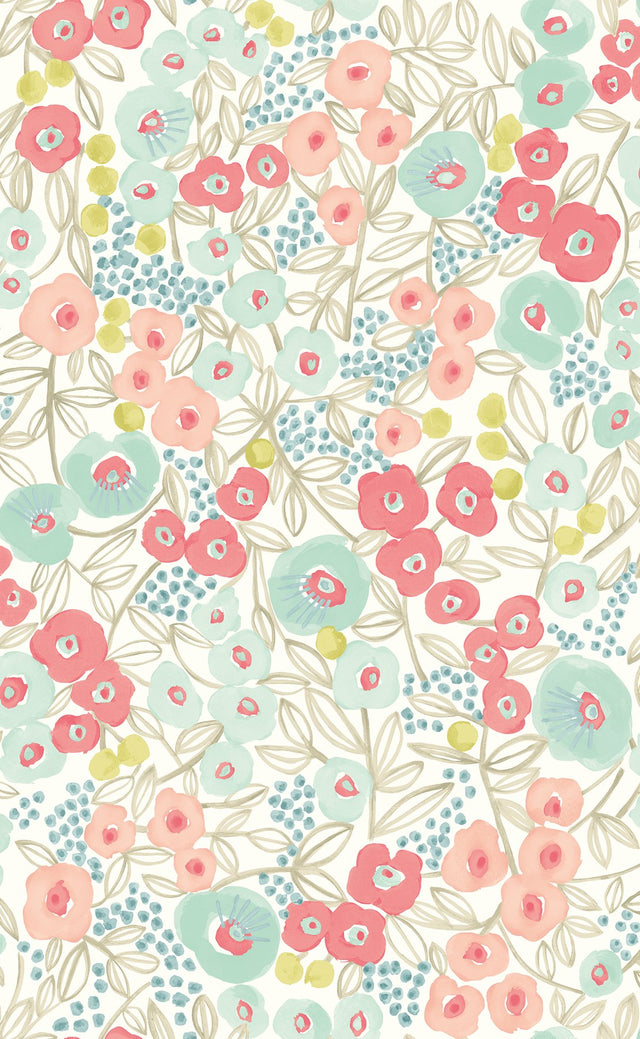 Flora Coral Garden Wallpaper with Whimsical Botanical Flowers Pattern, Paste the Wall Unpasted Non Woven - Ohpopsi GHS50118W