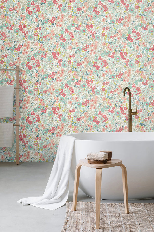 Flora Coral Garden Wallpaper with Whimsical Botanical Flowers Pattern, Paste the Wall Unpasted Non Woven - Ohpopsi GHS50118W