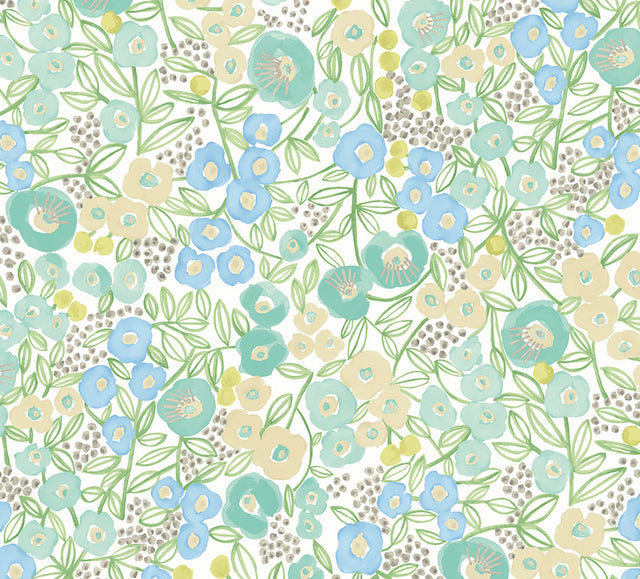 Flora Teal Garden Wallpaper with Whimsical Botanical Flowers - Brewster GHS50119W