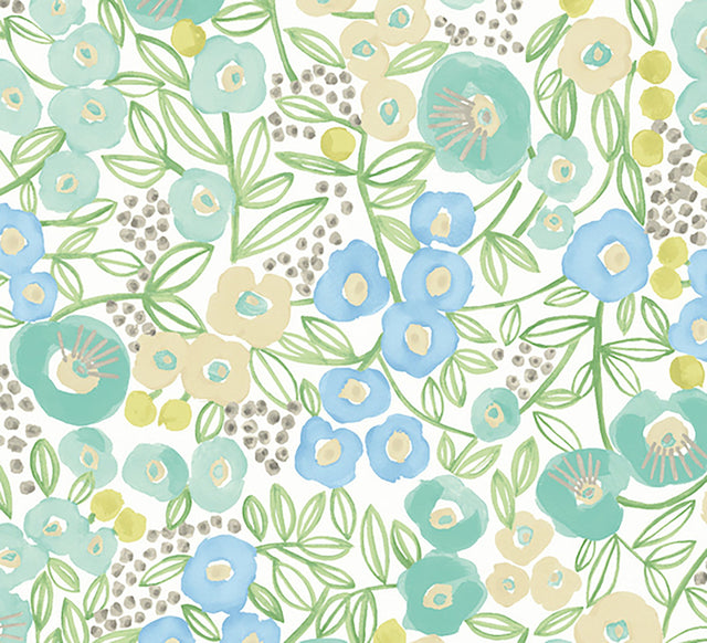 Flora Teal Garden Wallpaper with Whimsical Botanical Flowers - Brewster GHS50119W
