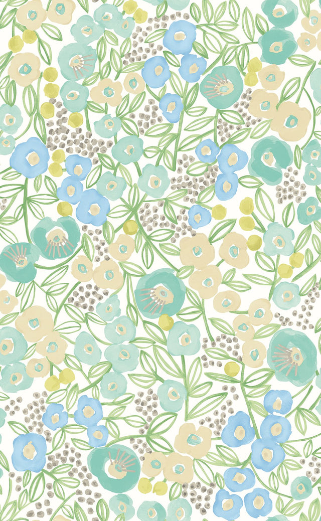 Flora Teal Garden Wallpaper with Whimsical Botanical Flowers - Brewster GHS50119W
