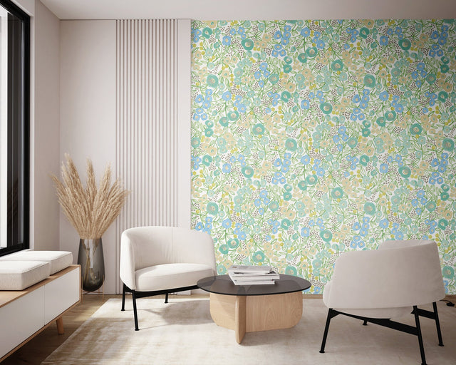 Flora Teal Garden Wallpaper with Whimsical Botanical Flowers - Brewster GHS50119W