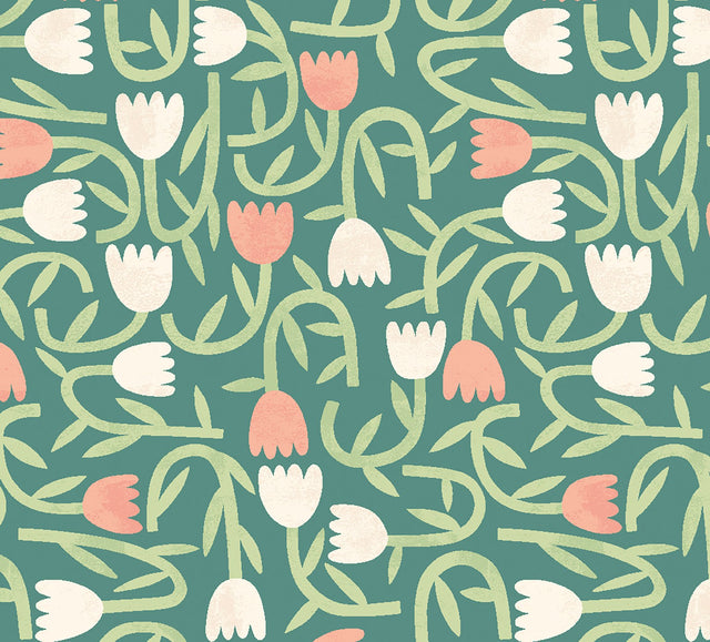 Aino Green Tiny Tulip Wallpaper with Whimsical Botanical Flowers Pattern - ohpopsi GHS50138W