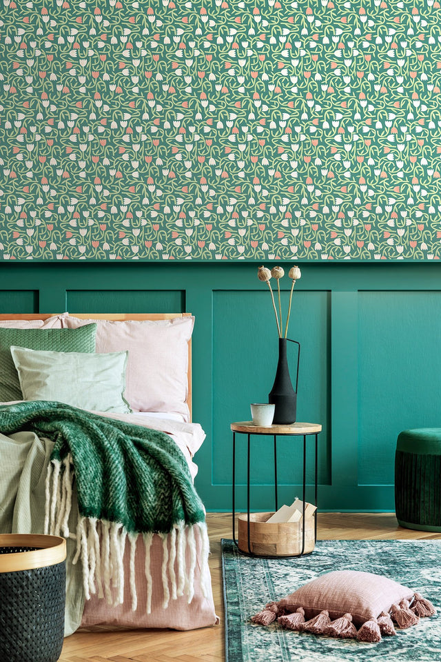 Aino Green Tiny Tulip Wallpaper with Whimsical Botanical Flowers Pattern - ohpopsi GHS50138W
