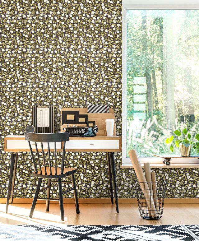 Aino Black Tiny Tulip Wallpaper with Whimsical Botanical Floral Pattern - Brewster GHS50140W