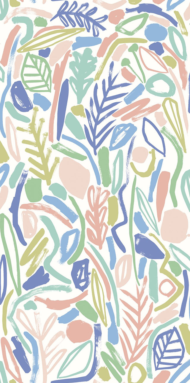Verdure Pastel Painted Botanical Wallpaper with Modern Graffiti-Style Leaf Motif - ohpopsi GHS50145W
