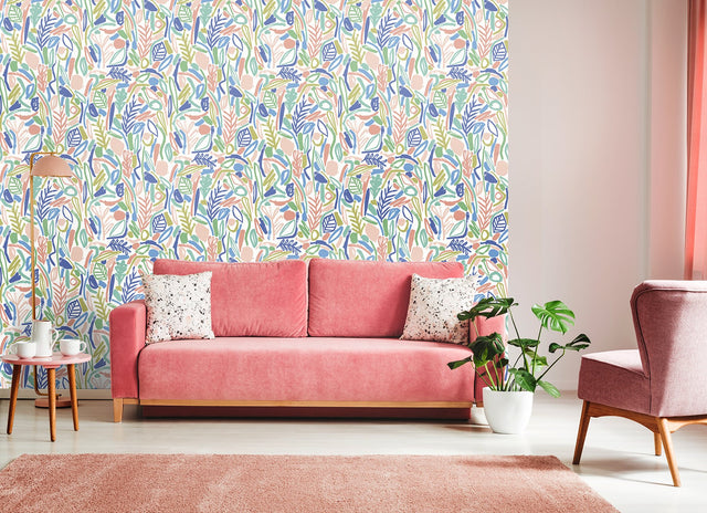 Verdure Pastel Painted Botanical Wallpaper with Modern Graffiti-Style Leaf Motif - ohpopsi GHS50145W