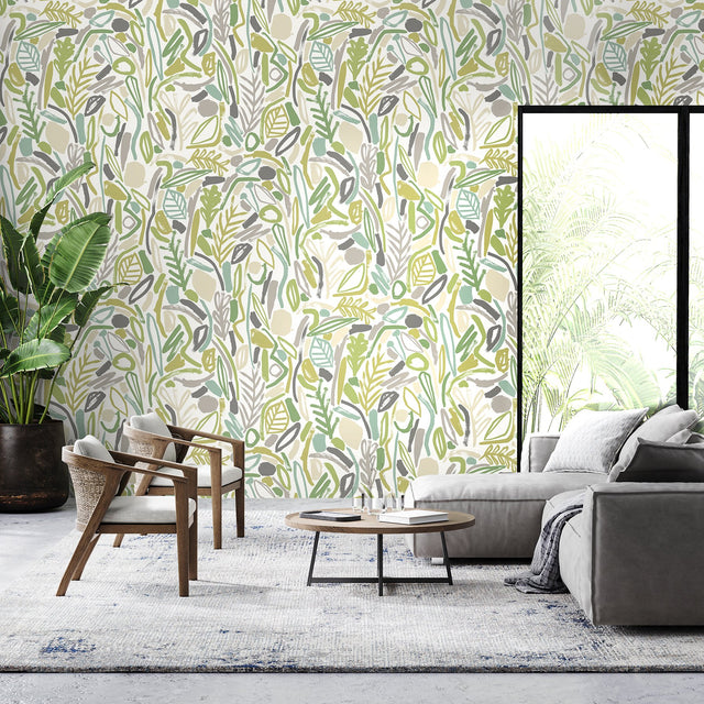 Verdure Lime Painted Botanical Wallpaper with Modern Botanical Motif - ohpopsi GHS50146W