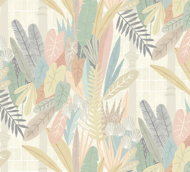 Glasshouse Pastel Tropical Damask Wallpaper with Botanical Eclectic Motif - Brewster GHS50149W
