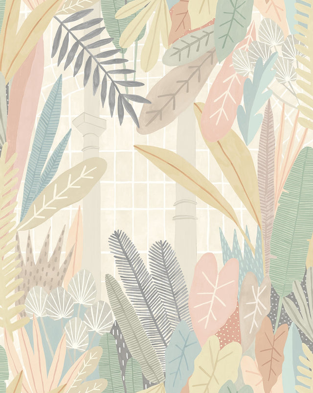 Glasshouse Pastel Tropical Damask Wallpaper with Botanical Eclectic Motif - Brewster GHS50149W