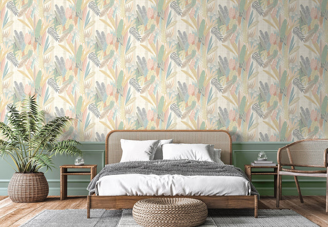 Glasshouse Pastel Tropical Damask Wallpaper with Botanical Eclectic Motif - Brewster GHS50149W