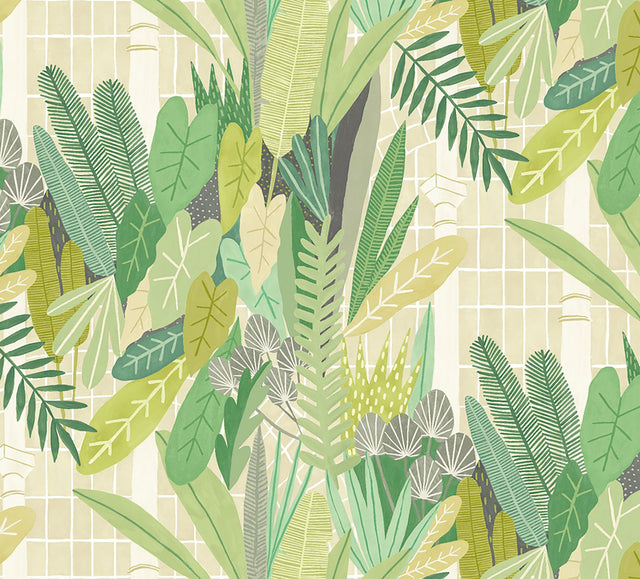 Glasshouse Green Tropical Damask Wallpaper with Botanical Eclectic Pattern - ohpopsi GHS50154W