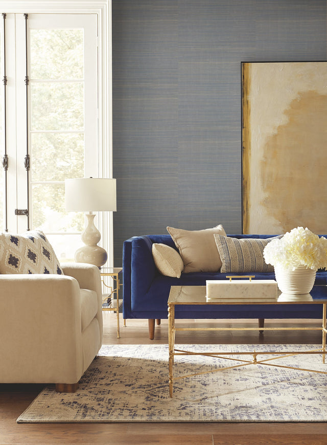 Abaca Weave Blue Grasscloth Wallpaper with Natural Woven Weave - York GL0503