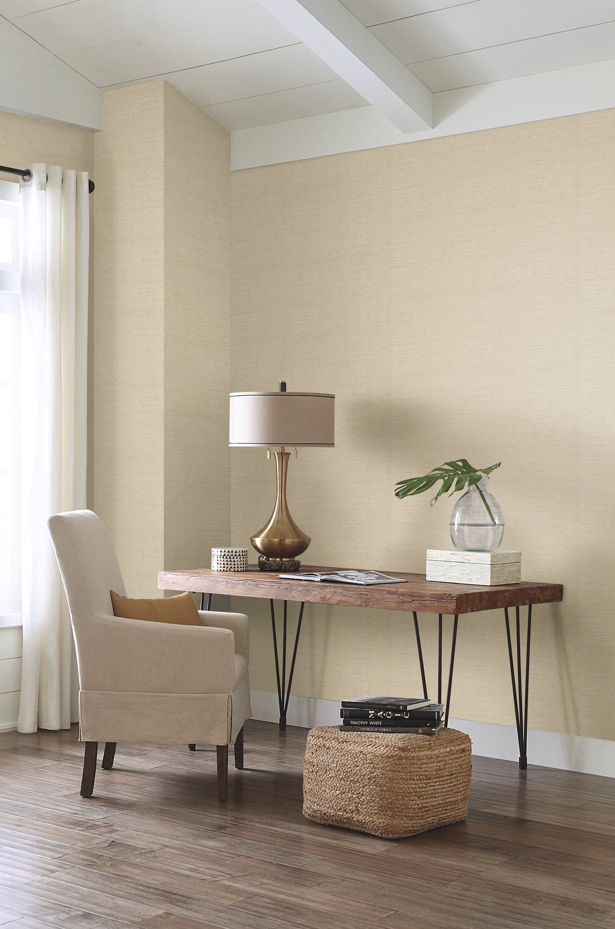 Essence Beige Wallpaper with Pearlescent Faux Grasscloth Texture - York GL0510N
