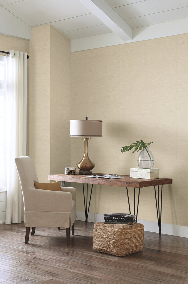Essence Beige Wallpaper with Pearlescent Faux Grasscloth Texture - York GL0510N