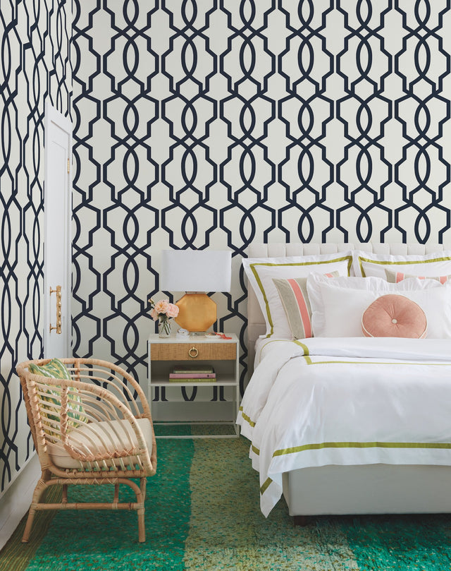 Hourglass Trellis Navy Wallpaper with Geometric Modern Pattern - York GM7521