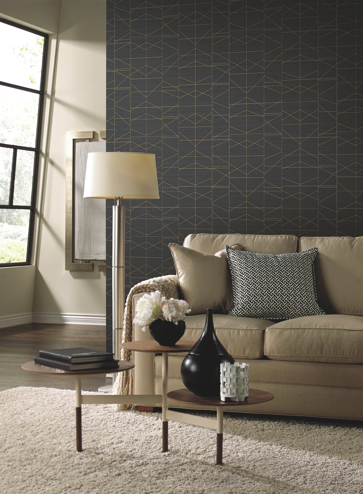Modern Perspective Gold Geometric Wallpaper with Matte Gold Linework - York GM7547