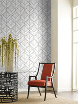 Diamond Shadow White Geometric Wallpaper with Metallic-Outlined Diamond Grid - York GM7552