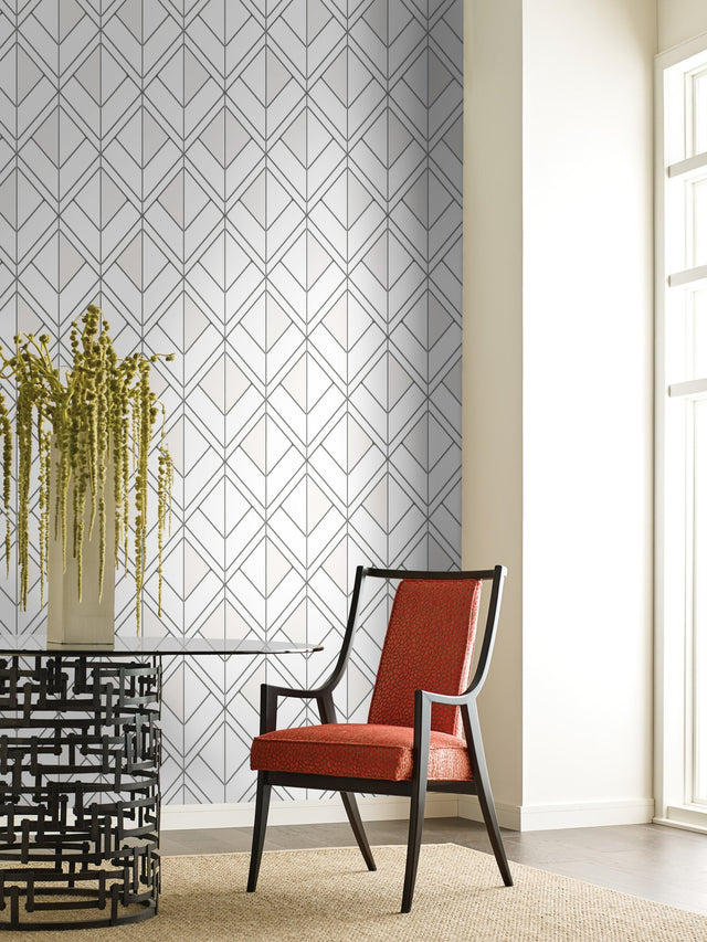 Diamond Shadow White Geometric Wallpaper with Metallic-Outlined Diamond Grid - York GM7552