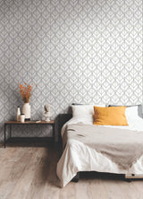 Diamond Shadow White Geometric Wallpaper with Metallic-Outlined Diamond Grid - York GM7552