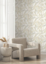 Achate Beige and Grey Organic Swirling Leaf Wallpaper with Metallic Accents by York Wallcoverings Woodnote Collection GN2563