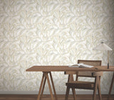 Achate Beige and Grey Organic Swirling Leaf Wallpaper with Metallic Accents by York Wallcoverings Woodnote Collection GN2563