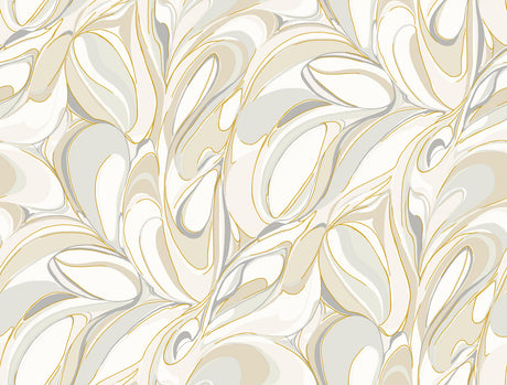 Achate Beige and Grey Metallic Swirling Leaf Wallpaper by York Wallcoverings - GN2563