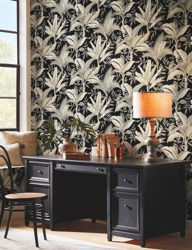Summerhouse Midnight Wallpaper with Tropical Botanical Palm Leaves - York GO8204