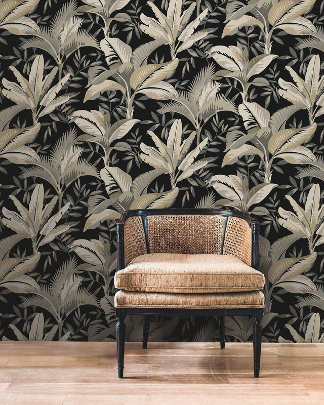 Summerhouse Midnight Wallpaper with Tropical Botanical Palm Leaves - York GO8204