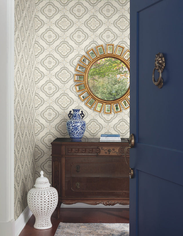 Garden Trellis Hazel Wallpaper with Geometric Botanical Tile Motif - York GO8212