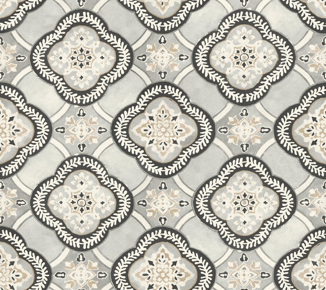 Garden Trellis Onyx Wallpaper with Geometric Quatrefoil Tile Motif - York GO8213