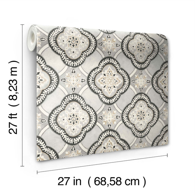 Garden Trellis Onyx Wallpaper with Geometric Quatrefoil Tile Motif - York GO8213