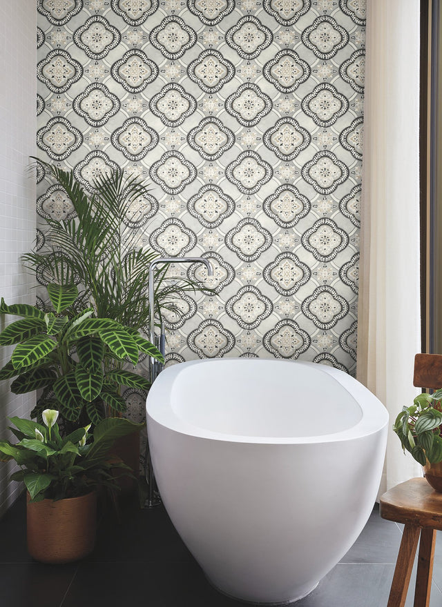 Garden Trellis Onyx Wallpaper with Geometric Quatrefoil Tile Motif - York GO8213
