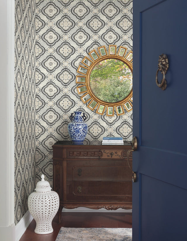 Garden Trellis Onyx Wallpaper with Geometric Quatrefoil Tile Motif - York GO8213