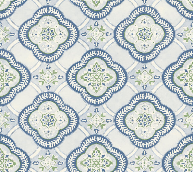 Garden Trellis Cobalt Wallpaper with Geometric Floral Tile Motif - York GO8216