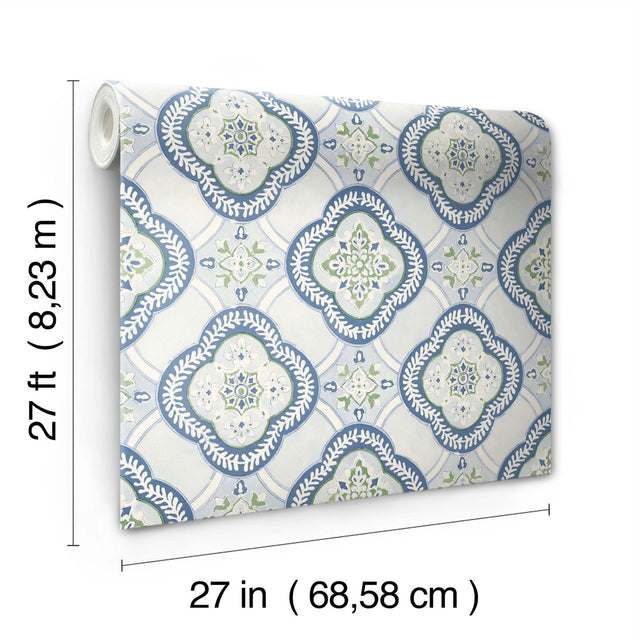 Garden Trellis Cobalt Wallpaper with Geometric Floral Tile Motif - York GO8216
