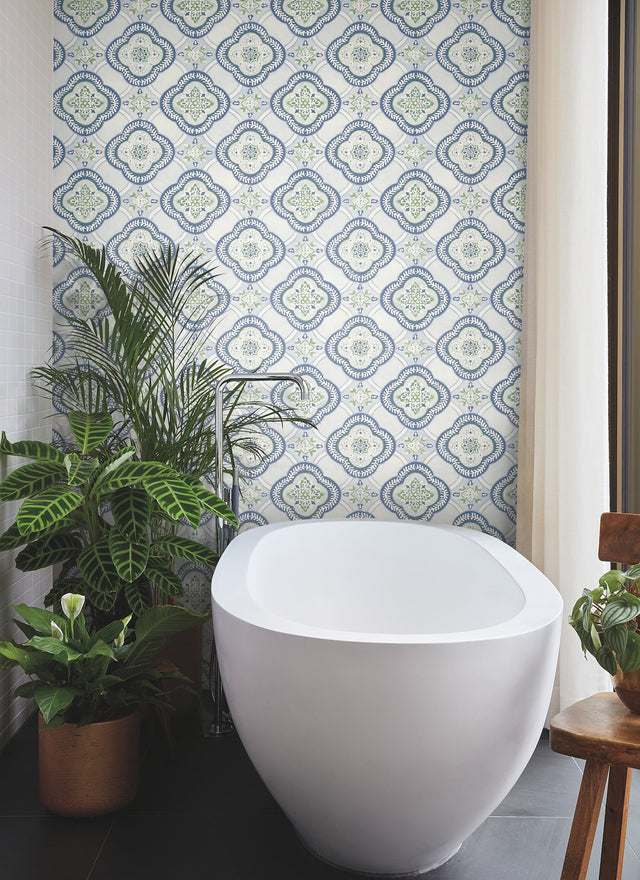 Garden Trellis Cobalt Wallpaper with Geometric Floral Tile Motif - York GO8216