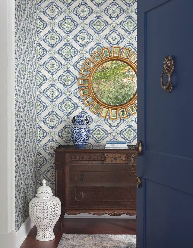Garden Trellis Cobalt Wallpaper with Geometric Floral Tile Motif - York GO8216