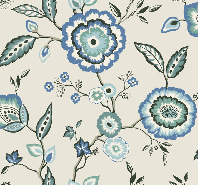 Dahlia Blooms Blue & White Wallpaper with Jacobean Floral Motif - York GO8231