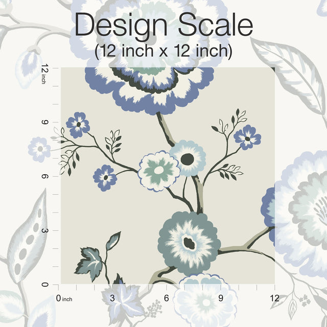 Dahlia Blooms Blue & White Wallpaper with Jacobean Floral Motif - York GO8231