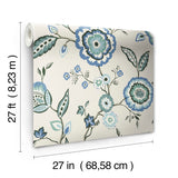 Dahlia Blooms Blue & White Wallpaper with Jacobean Floral Motif - York GO8231